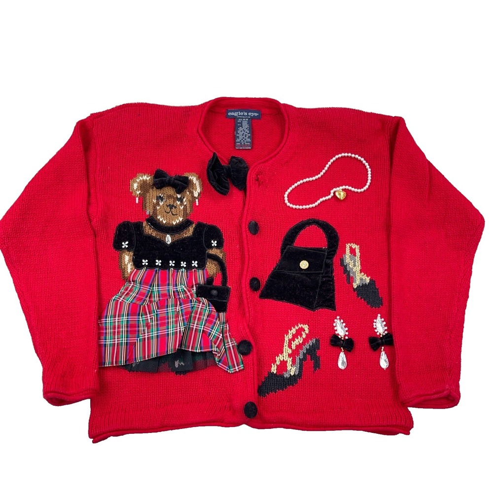 Vintage Eagles Eye Cardigan Sweater Women Medium Red Heavy Knit Teddy Bear Dress